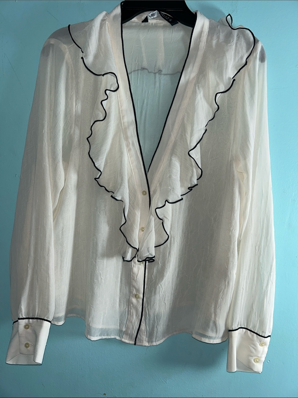 Zara Mavi Cream Sheer Ruffle Blouse with Black Trim